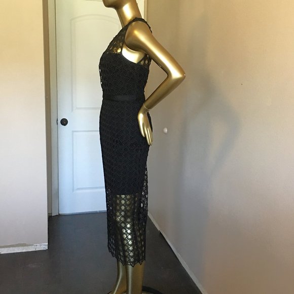 ᑕYᑎTᕼIᗩ ᖇOᗯᒪEY Sleeveless Lace-Mesh-Overlay Midi Dress - Picture 6 of 12